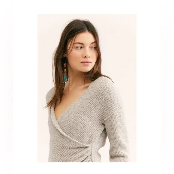 Free People Sensual Wrap Sweater Chunky Ribbed Knit Long Sleeve Grey Large - Picture 2 of 10